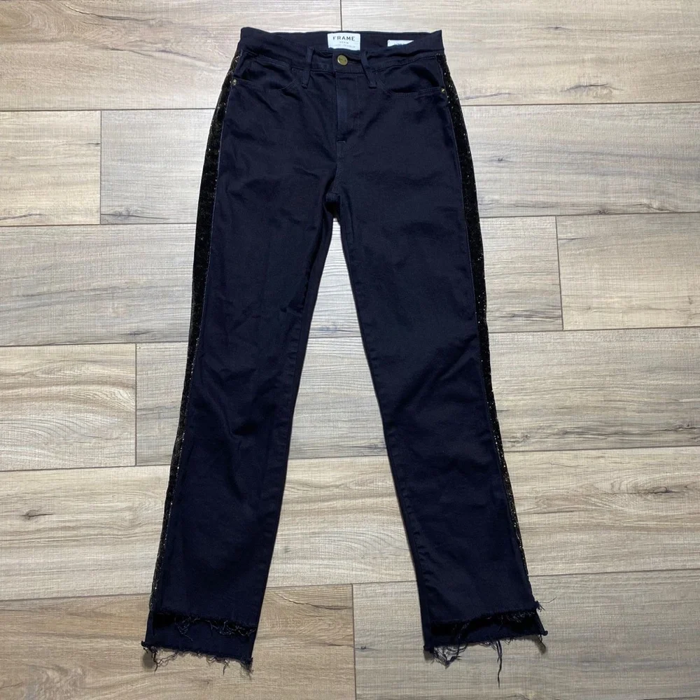 Frame Denim Womens Le High Straight Tuxedo Velvet Stripe‎ Jeans Size 25 Black